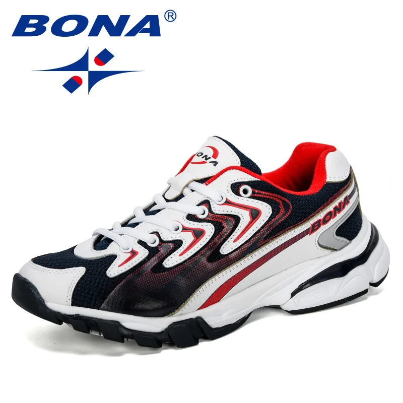 White deep blue red BONA/Новинка года; стильные мужские кроссовки для бега; уличная спортивная обувь; кроссовки из яловичного спилка; Мужская Удобная спортивная обувь; трендовая обувь - Цвет: White deep blue red