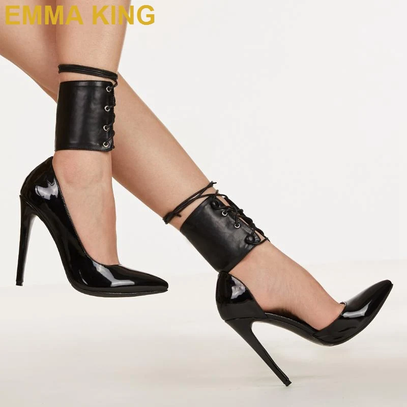 

Retro Women Black Leather Ankle Strappy High Heels Pumps Pointed Toe Stiletto Pumps Sexy Ladies Shoes