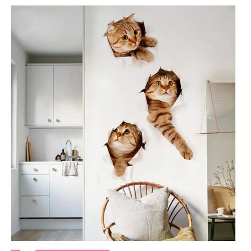 

Новинка 2021, милые 3D наклейки на стену с изображением трех кошек, наклейки на стену для детской спальни, наклейки «сделай сам» для наклеивания холодильника на стену
