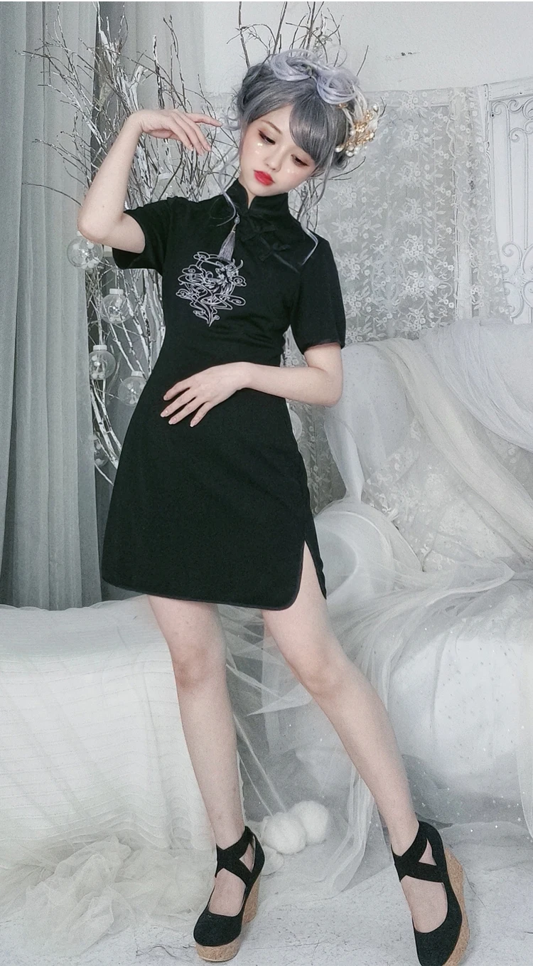 Китайский стиль, винтажное, повседневное, улучшенное, Hanfu, короткое, cheongsam, стенд, вышивка, Готическая Лолита, оп, косплей, Лолита, платье лоли, викторианское