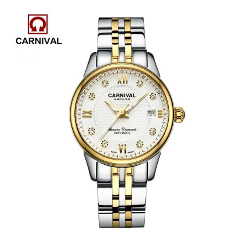 Gold white C8605 Швейцария Carnival сапфировые автоматические механические Брендовые женские Часы повседневные Роскошные полностью стальные часы со стразами женские reloj - Цвет: Gold white C8605