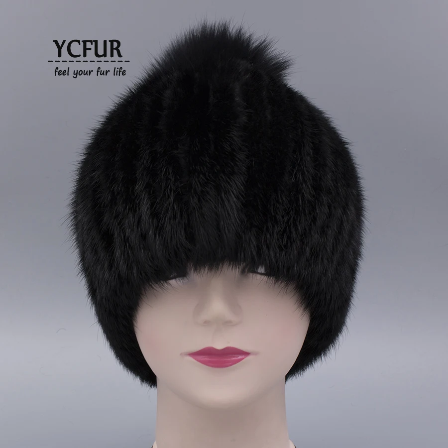 YC Fur зимняя теплая шапка s шапки для женщин качество натуральный мех норки шапки шапочки с помпоны из лисьего меха шапка муфта зимняя шапка