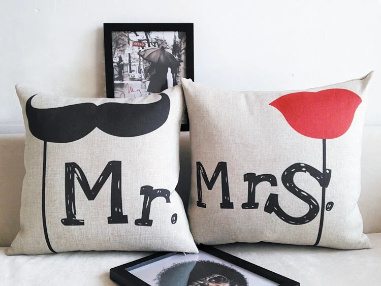 Наволочка для пар дивана Декор бороды красные губы Свадебная наволочка Mr &amp MRS