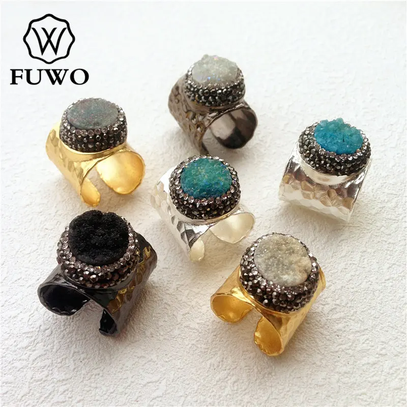 Кольцо FUWO Aura Druzy со стразами покрытое золотом 24 К гальванизированное