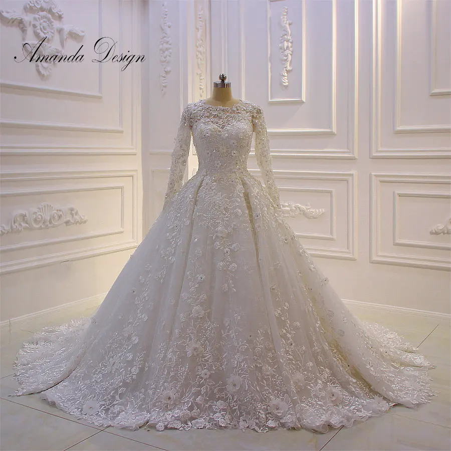 Аманда дизайн robe de mariee длинный рукав кружевная Апликация свадебное платье с цветами