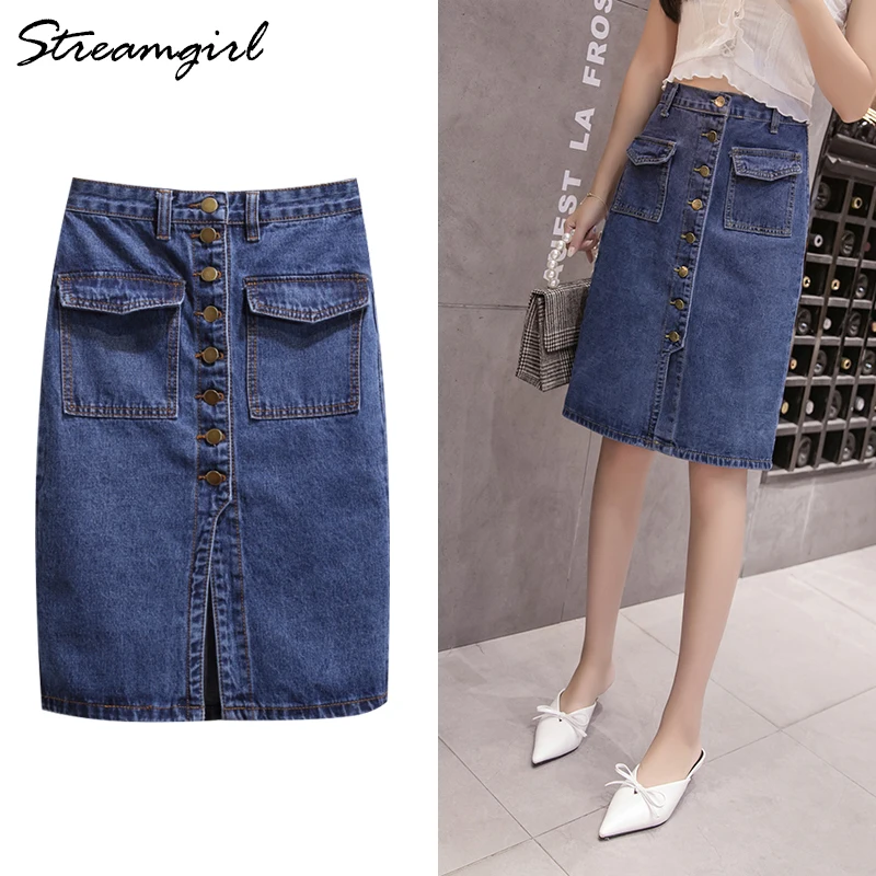 

Womens Denim Button Skirt Midi Plus Size High Waist A Line Skirt Knee Length Jeans Skirts Summer Women's A-line Skirts For Women