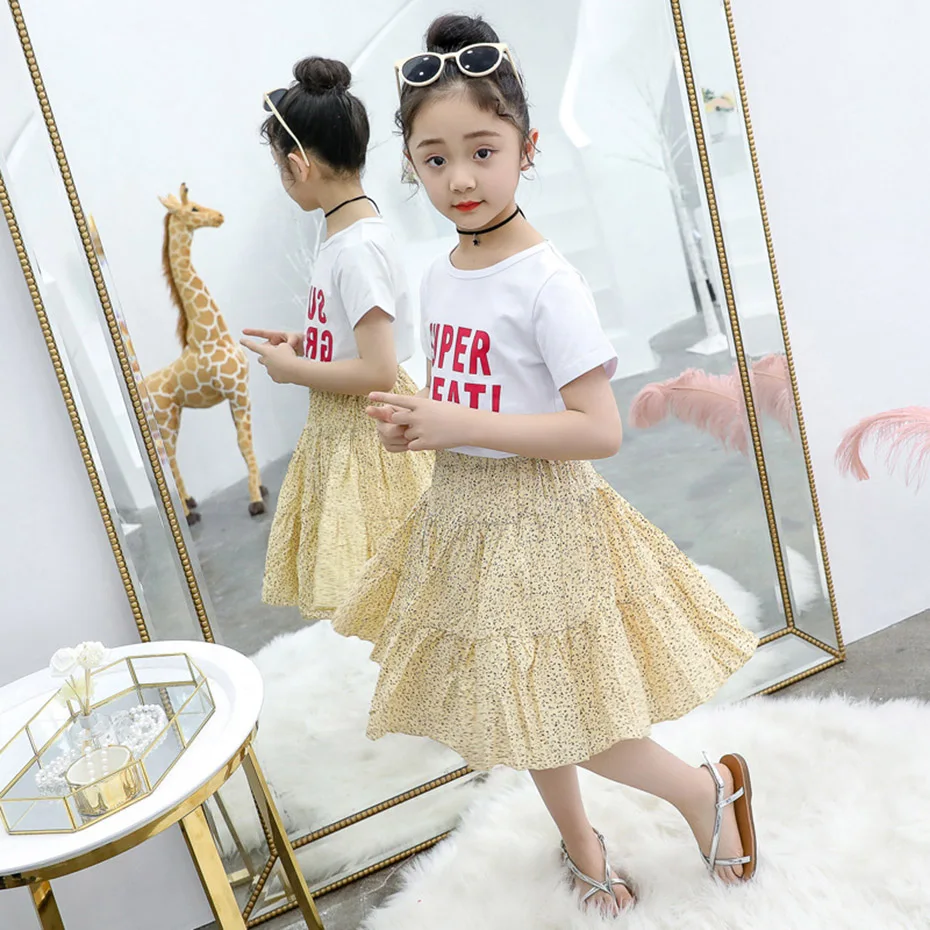 Летняя одежда для девочек рубашка с буквенным принтом + юбка цветочным летний