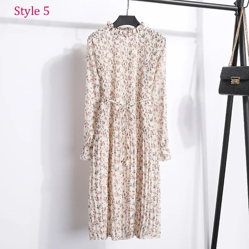 style 5 Двухслойное шифоновое платье с цветочным рисунком, эластичная резинка на талии, женское весеннее платье трапециевидной формы на шнуровке с расклешенными рукавами, богемное платье для женщин, Vestidos - Цвет: style 5