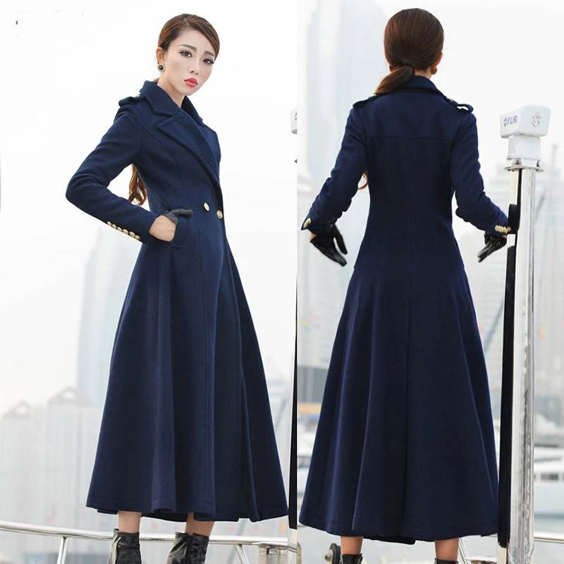 

New Women's Wool Coat Autumn Winter 2018 Fashion Classic Solid Red Double Row Button Woolen Jacket Slim Thicken Long Outerwear F