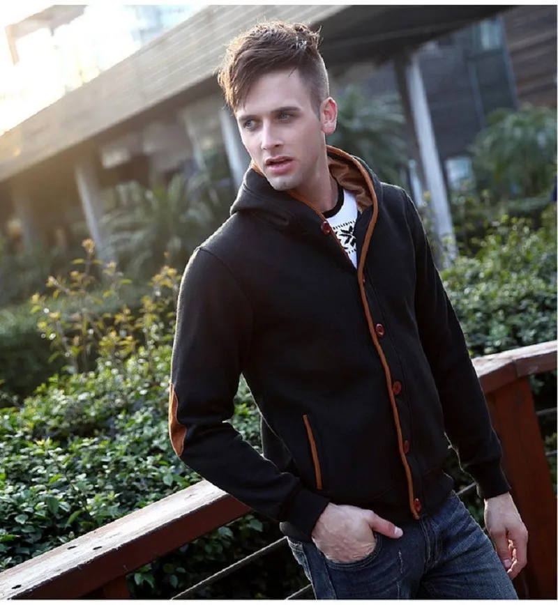 Мужские флисовые однобортные толстовки с капюшоном и заплаткой на локоть, мужские повседневные толстовки, осенне-зимние модные толстовки