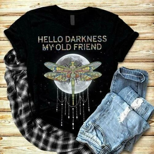 Черная футболка с изображением стрекозы и Луны Hello Darkness My Old Friend M 6Xl|Мужские