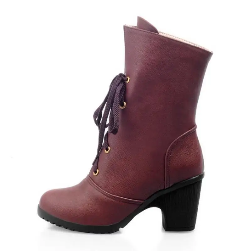 Tuyoki Size 33-43 High Heel Woman Boots Winter Shoes Women Thick Fur Half Short Lace Up Footwear | Обувь