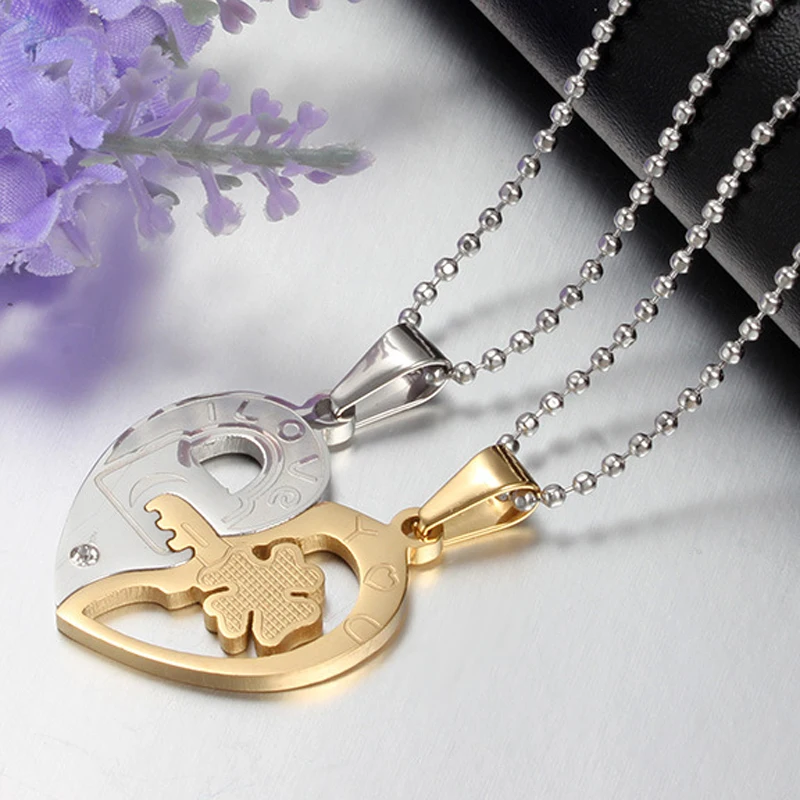 CN-038 2pcs/lot Men Women Stainless Steel Key Heart Couple Pendant Necklace With Cubic Zirconia Romantic Lovers Puzzle |