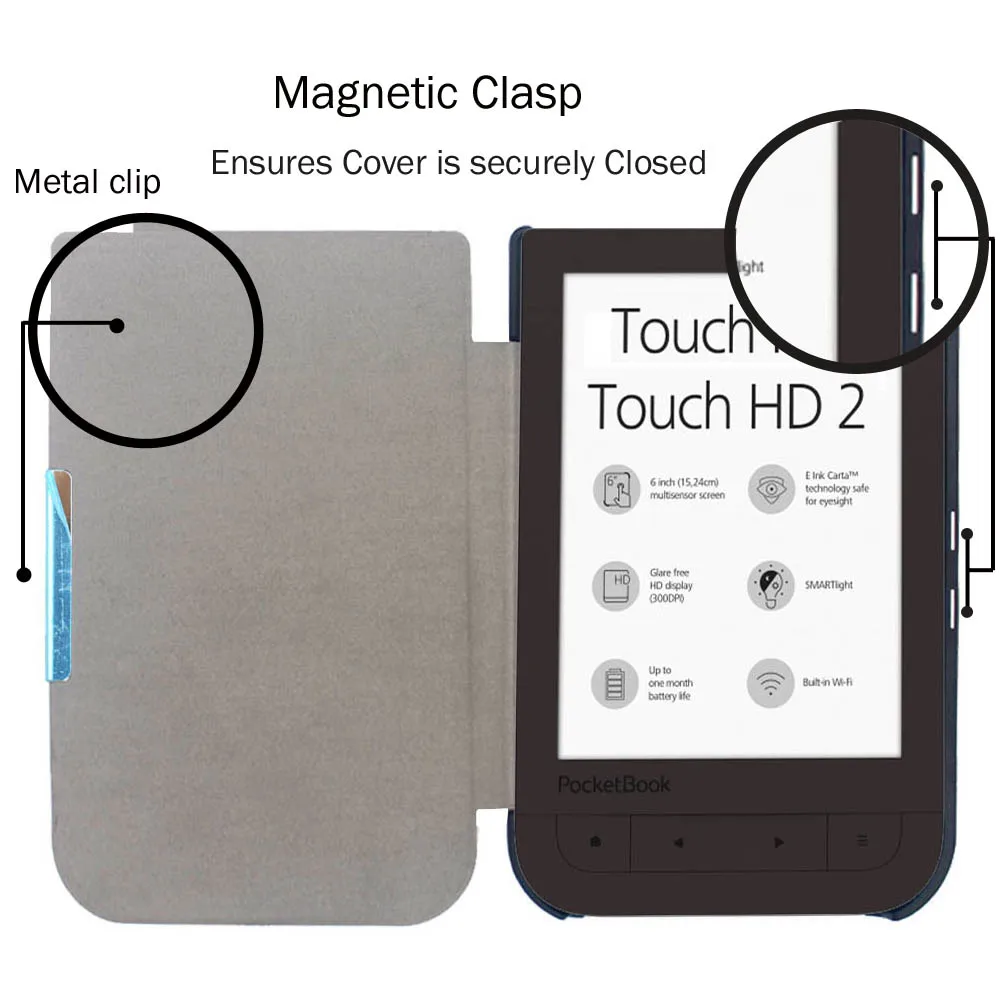 Ультратонкий чехол для Pocketbook Touch HD и 2 (6 дюймов) Карманный кожаный с магнитной