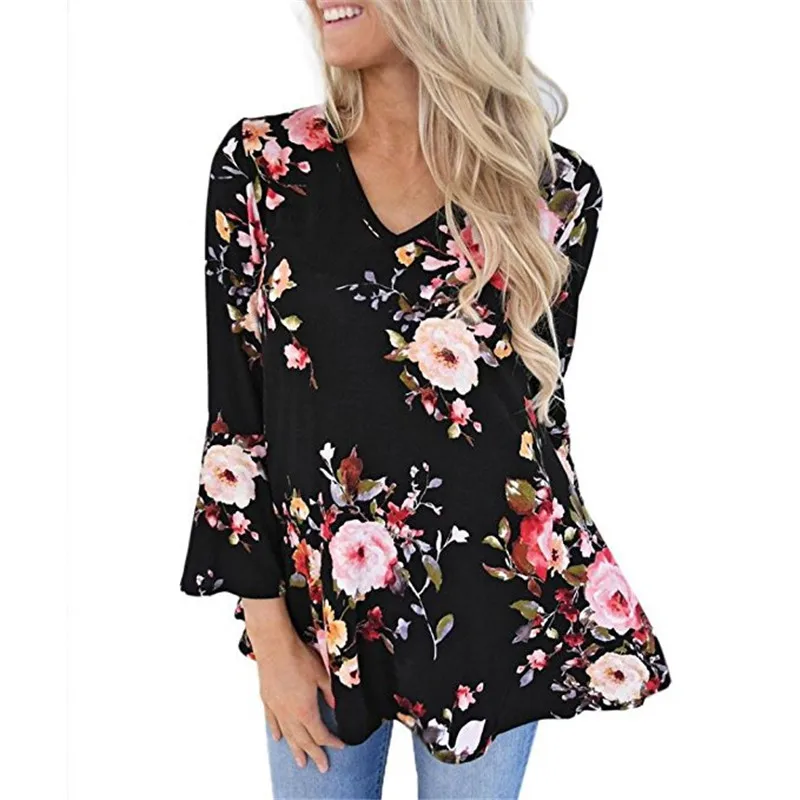 2018 Women Chiffon Print Blouse Spring Ruffled Sleeve Floral Shirt For Female V-Neck Blusas Elegant Tops Ladies |