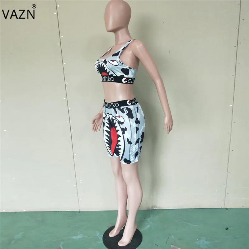 VAZN, Женский комплект из 2 предметов, мультяшный стиль, круглый вырез, короткие штаны, высокая уличная одежда для фитнеса, Корейская версия, модная одежда BN9176