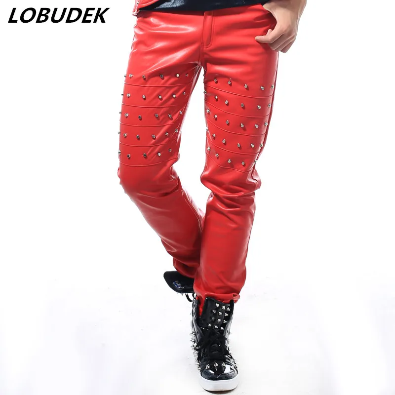 Male Punk Rivet Leather Pants Men Singer Nightclub Bar Rock HIP-HOP Stage Costume Tide Fashion Slim Casual PU leather Trousers