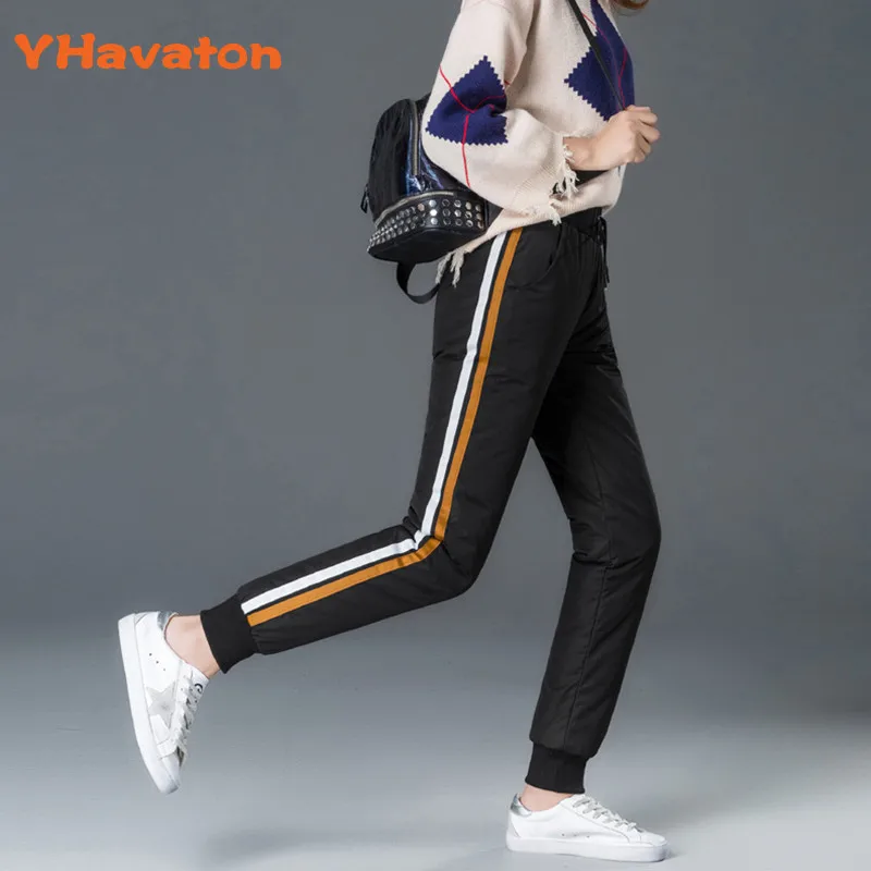 Double strip YHavaton Высокая талия женские толстые брюки больших размеров Зимние новые пуховые брюки женские теплые брюки для женщин спортивные брюки - Color: Double strip
