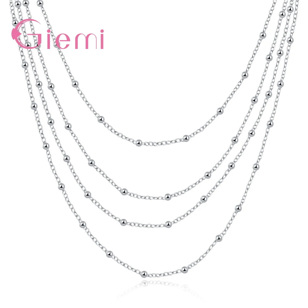Genuine 925 Sterling Silver Women's Vintage Simple Design Four Layers Long Chain Necklace For Women Bridesmaid Jewelry Present |