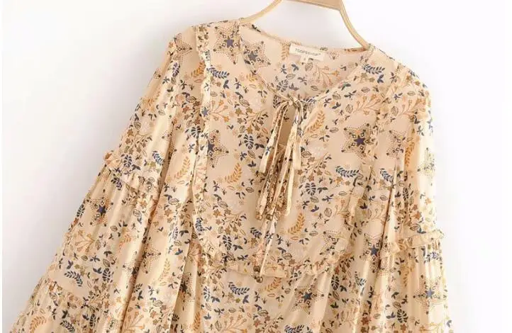 Bohemian Wood Ears Reffles Lace Up V neck Star Floral Print Flare Sleeve Shirt Beige Holiday Women Stream Pullover Blouse Tops |