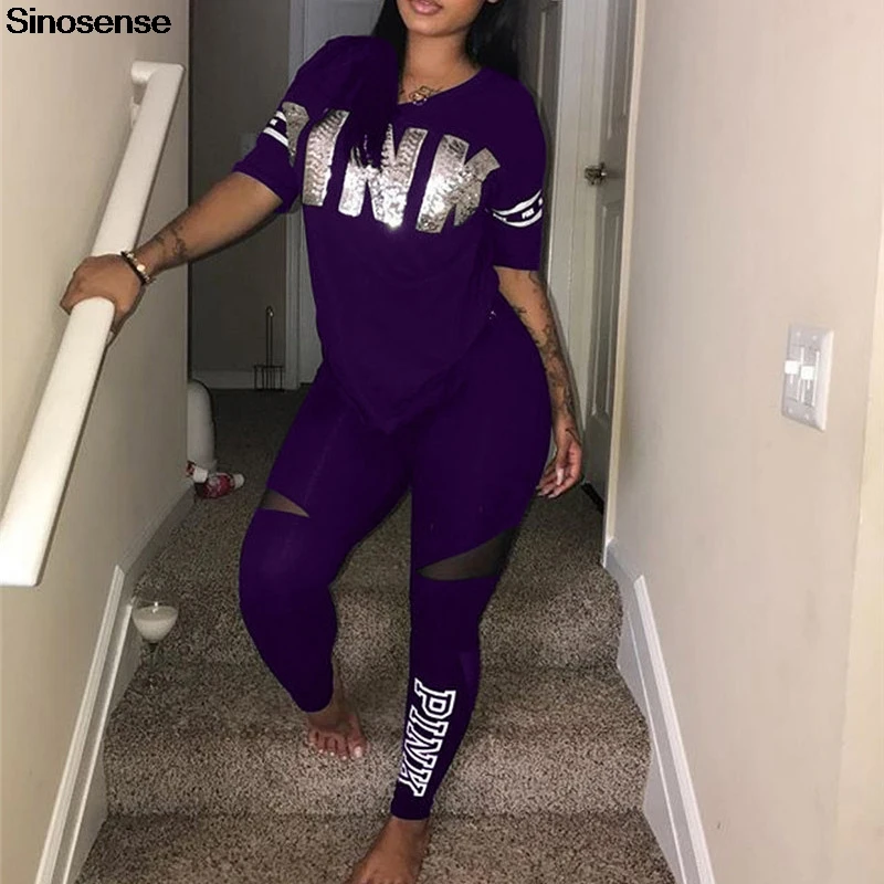 Plus Size Pink Clothing Women Two Piece Set Matching Sets Casual Letter Print Pink 2 Piece Outfits Women Sportswear Tracksuit
