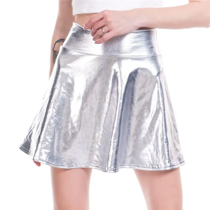 ПУ блестящие цвета металлик Сексуальные облегающие мини-юбки для женщин Высокая талия А-силуэт Расклешенная юбка новая мода лето уличная короткая юбка - Цвет: Серебристый