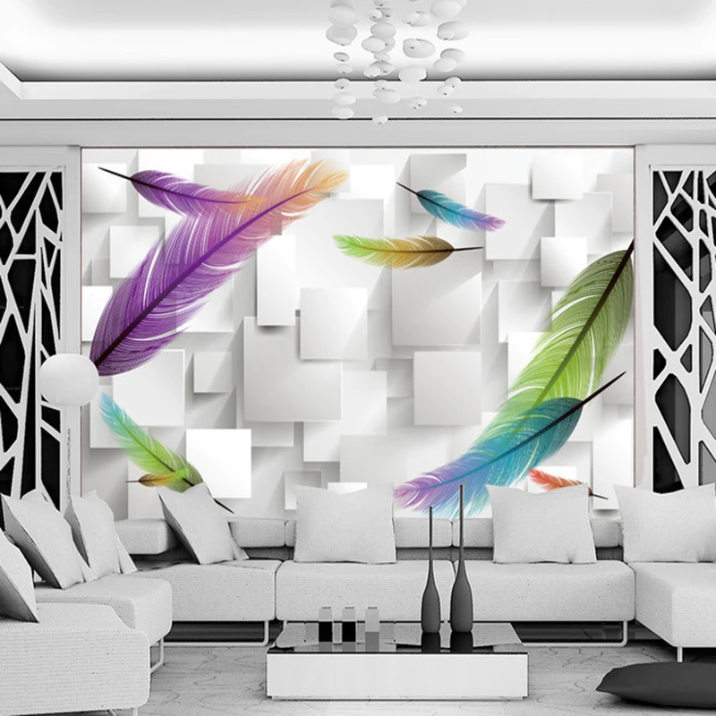 Custom Photo Wallpaper 3D Stereoscopic Square Box Lattice Fashion Feather Modern Living Room TV Background Wall Mural | Обустройство