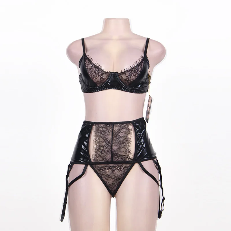 Черный сексуальный бюстгальтер и трусики из ПВХ кожи цветочного кружева женское