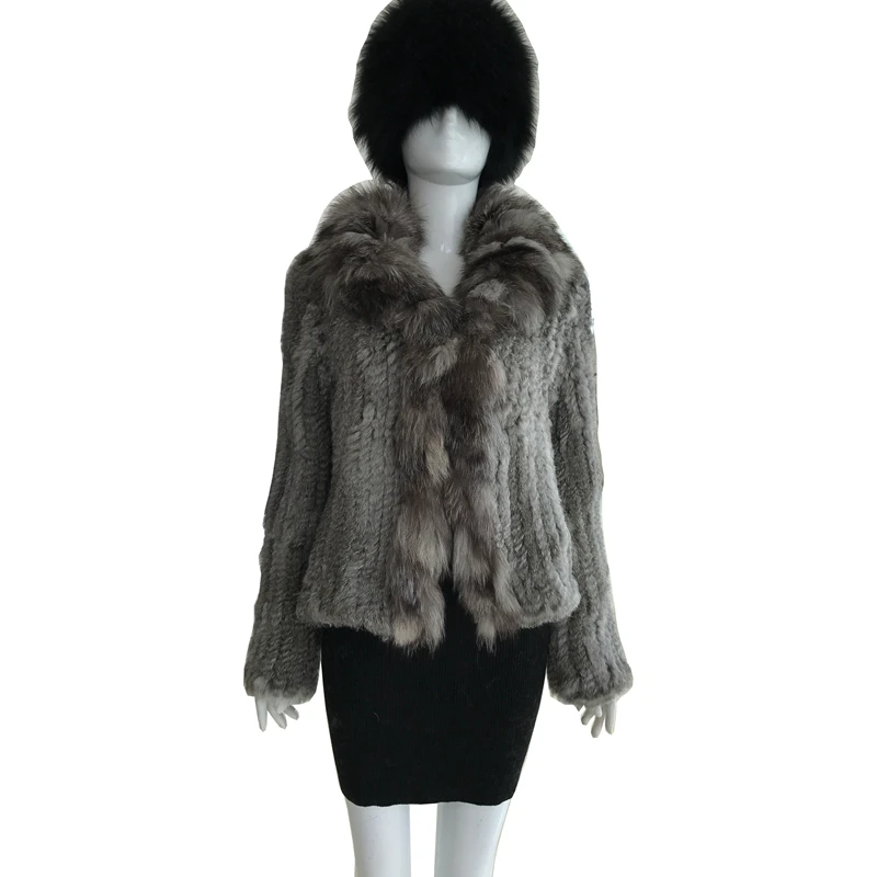 Женская вязаная шуба из натурального кроличьего меха пальто с воротником