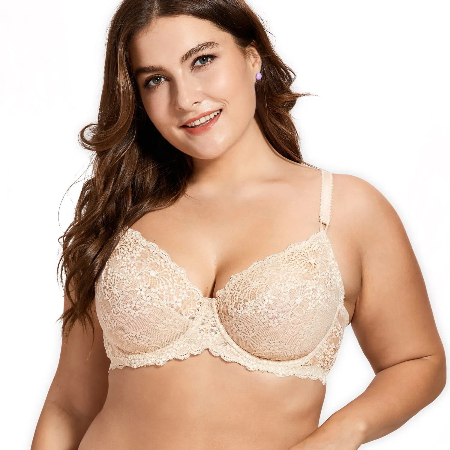Beige02 Delimira женский полный охват на косточках без обивки дышащий балконет Прозрачный цветочный кружевной бюстгальтер размера плюс - Цвет: Beige02
