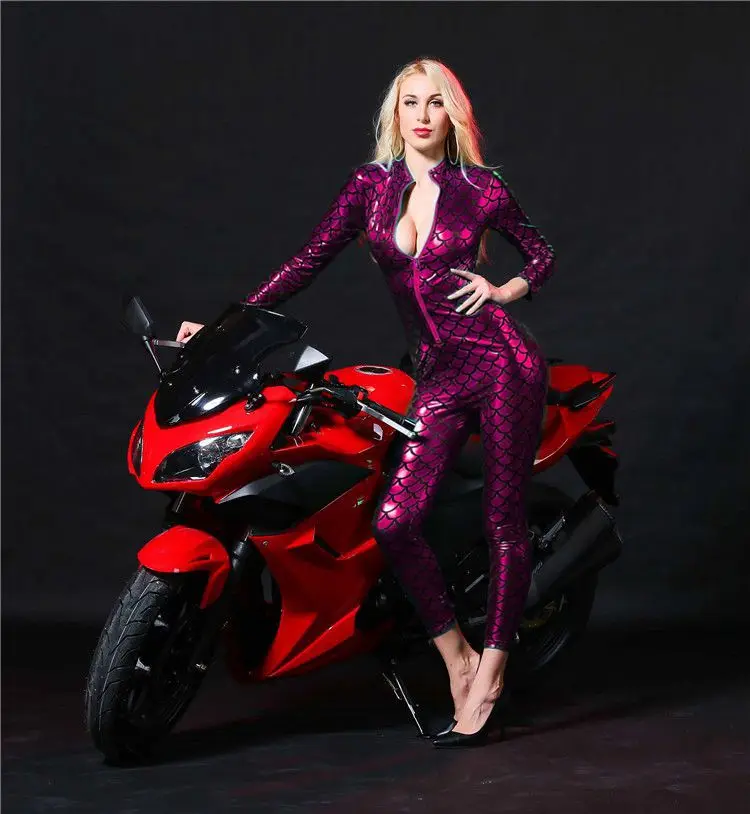 

Women Shiny Catsuit Vinyl Fish Scale Bodysuit Faux Leather Clubwear Zipper PVC Jumpsuit Sexy Lingerie Leather Halloween Costume
