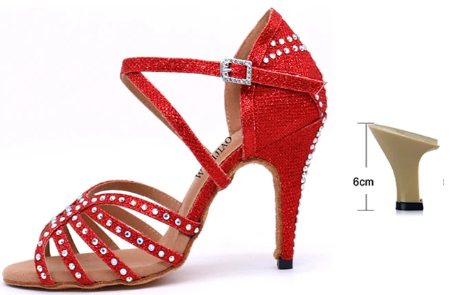 Red heel 6cm WUXIJIAO/Новинка; обувь для латинских танцев; женская Обувь для бальных танцев; Женская Блестящая Тканевая обувь; блестящие стразы; 5-10 см - Цвет: Red heel 6cm
