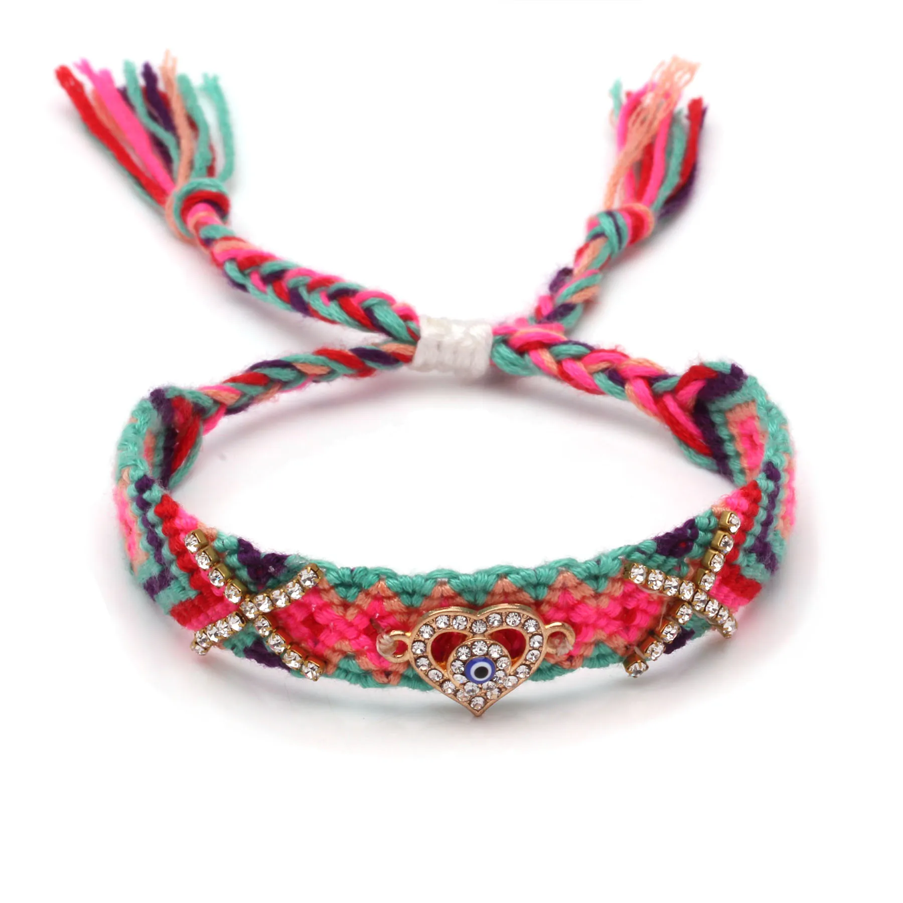 Diamante Love Heart Evil Eye Luck Charm Adjustable Friendship Bracelet Women Men Pink Green Embroidery String Macrame Jewelry | Украшения и