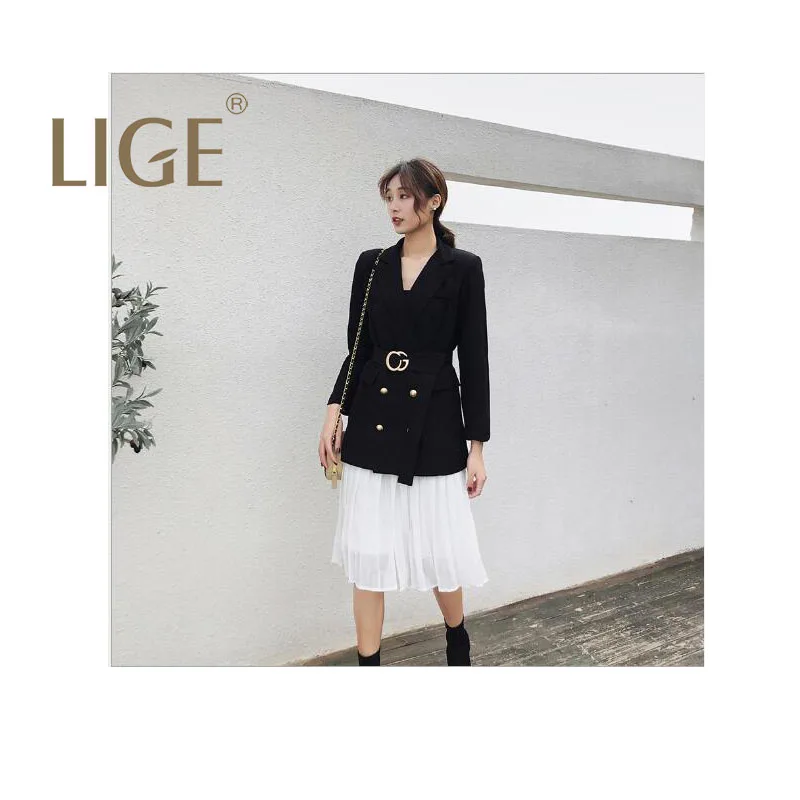 LIGE шифоновая юбка + костюм из двух предметов женский 2019 двубортный пояс пиджак OL