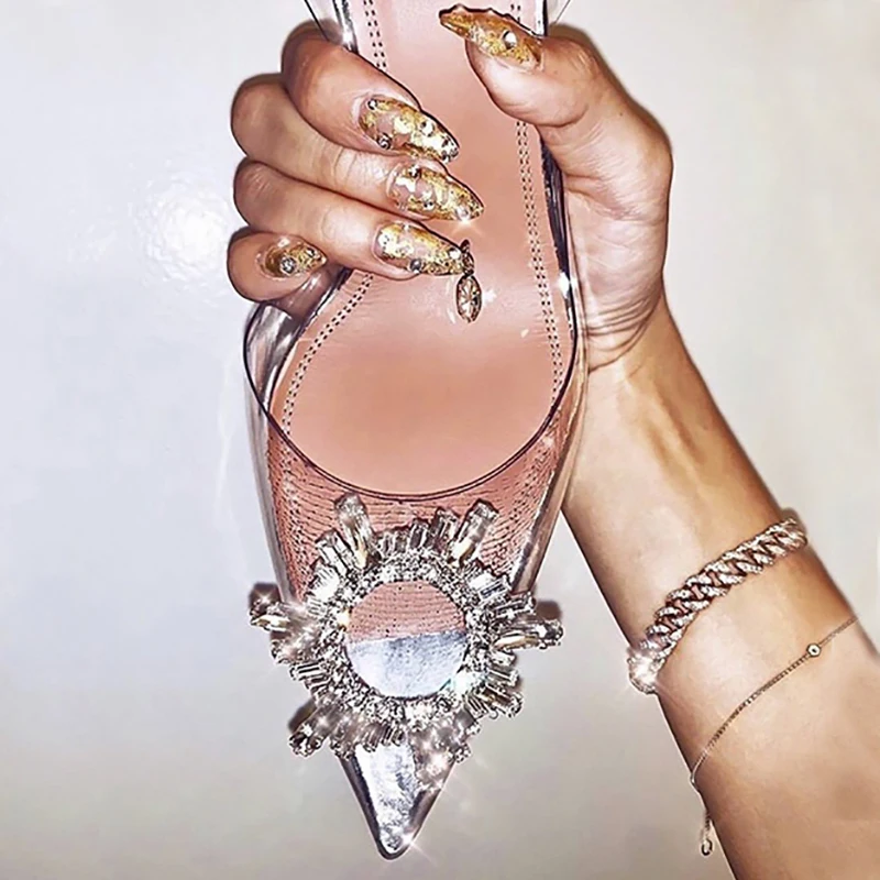 Женские сандалии с острым носком женская обувь 2019 Новые прозрачные хрустальные