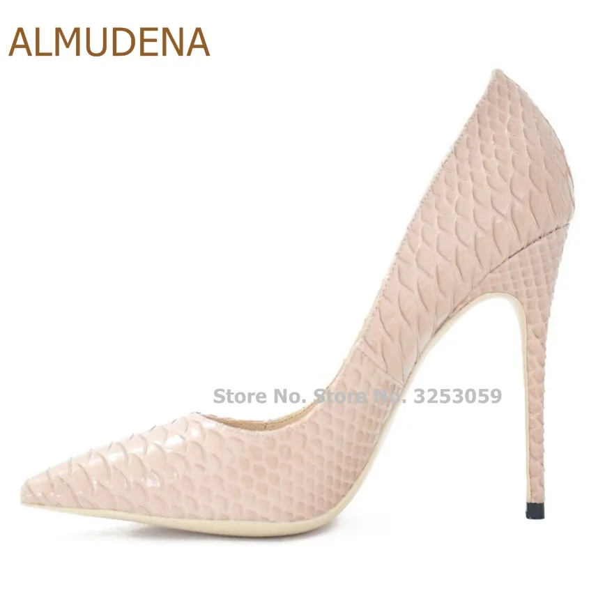 

ALMUDENA Newest Top Brand Snakeskin Pointed Toe Pumps Beige Red Black Floral Python Printed 12cm Stiletto High Heels Dress Shoes