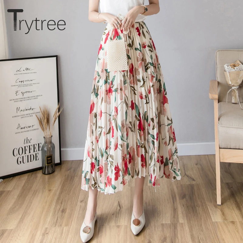 Trytree лето осень плиссированная юбка женская с цветочным принтом полиэстер до