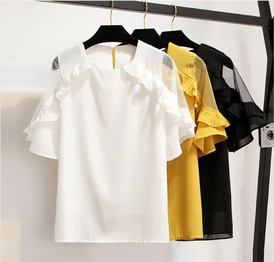 JOYINPARTY Sheer Insert Frill Trim Blouse 2018 New Fashion White Round Neck Short Sleeve Women Top Summer Casual | Женская одежда