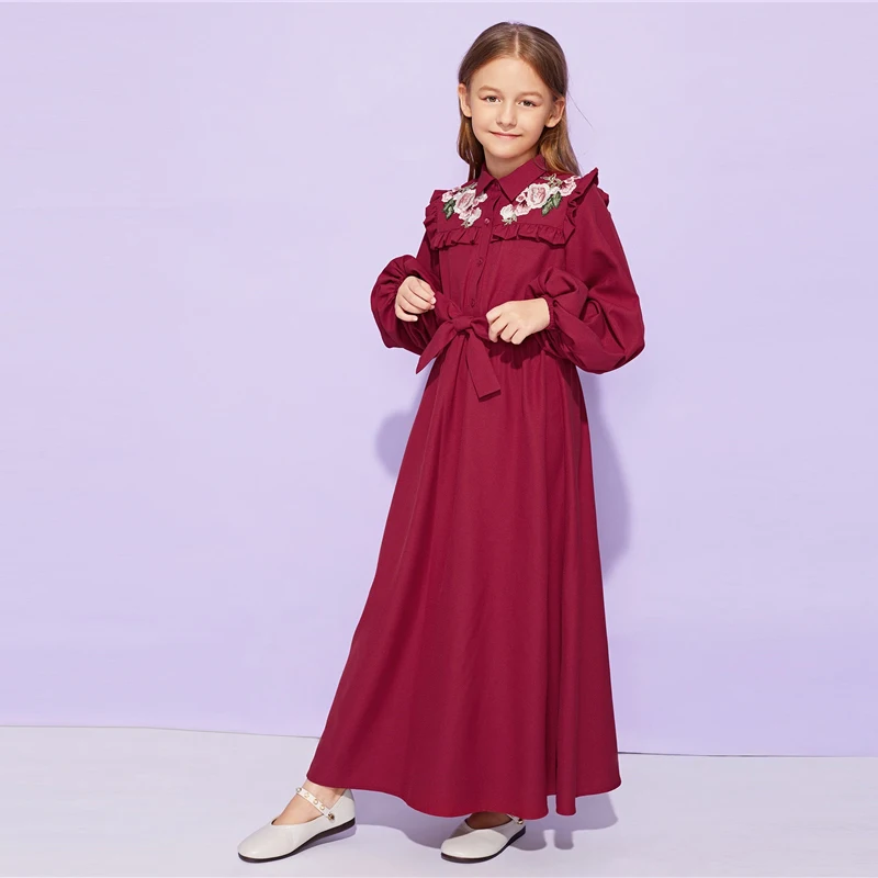 SHEIN/милое Бордовое платье с оборкой и поясом для девочек; детская одежда; коллекция года; весеннее повседневное длинное платье трапециевидной формы с длинными рукавами и пуговицами