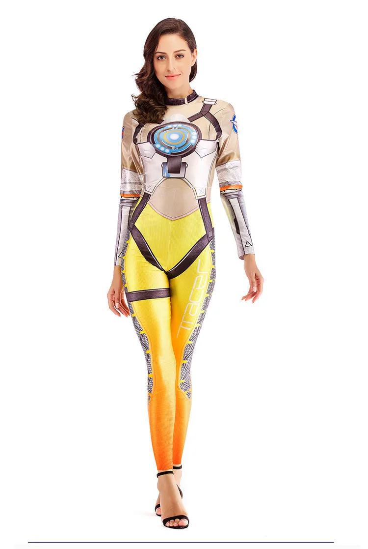 Игра OW супергерой костюм для вечеринки Tracer Copslay женщины zentai 3D полный принт спандекс боди сексуальный комбинезон костюмы на Хэллоуин