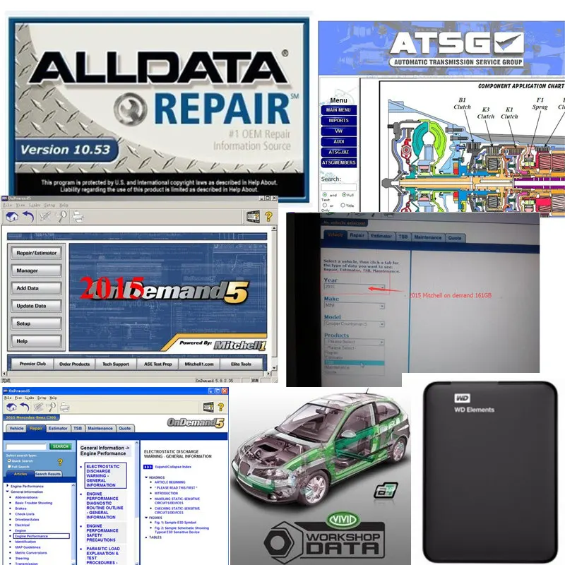Авто Ремонт Alldata программное обеспечение V10.53+ Митчелл, по заказу 5 программное обеспечение+ тяжелый грузовик usb3.0 жесткий диск все данные