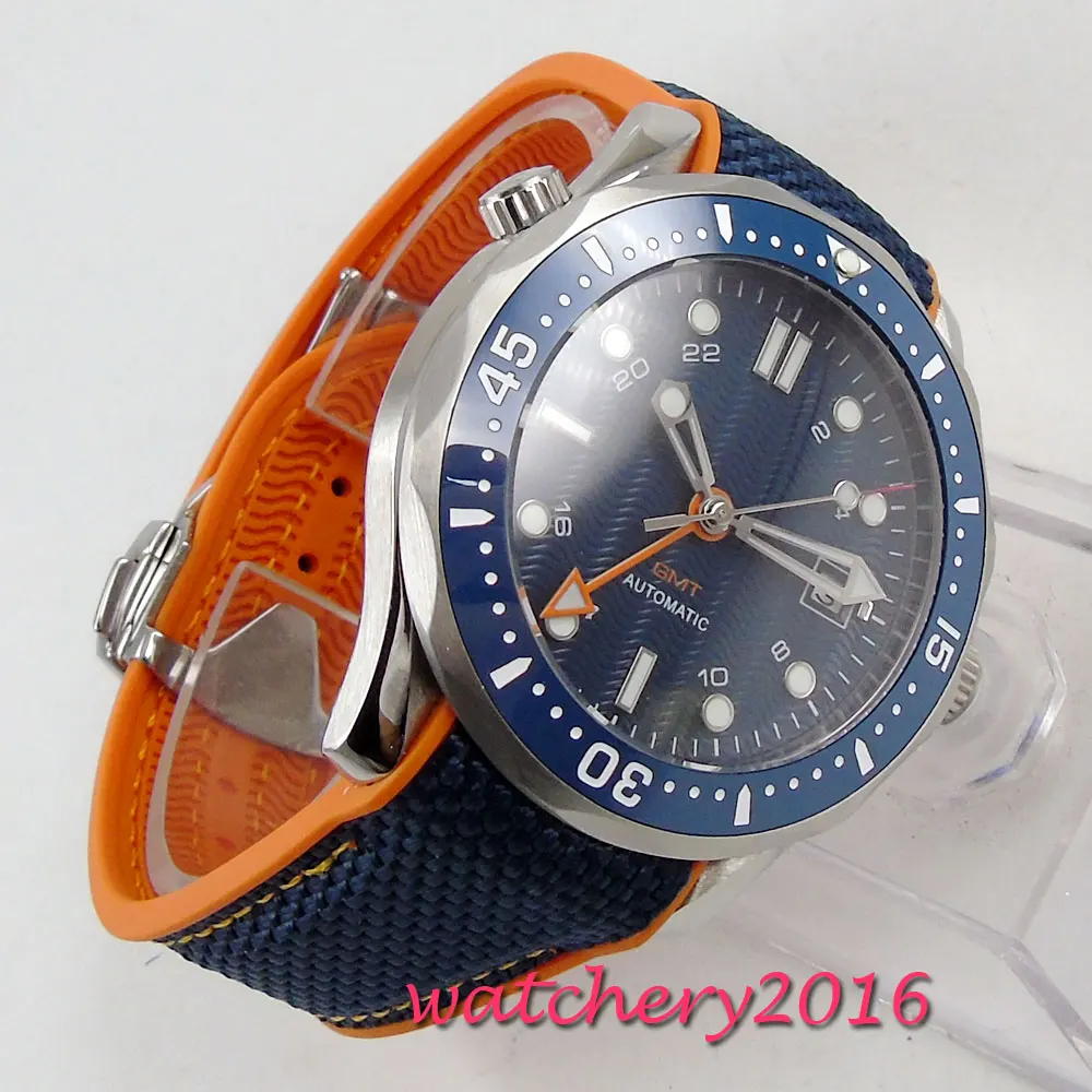 Мужские механические Автоматические часы с синим циферблатом и сапфировым