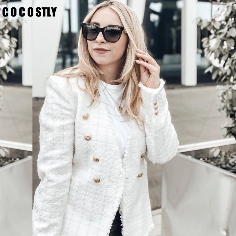 Женская твидовая куртка из Твила белая свободная двубортная шерстяная с v