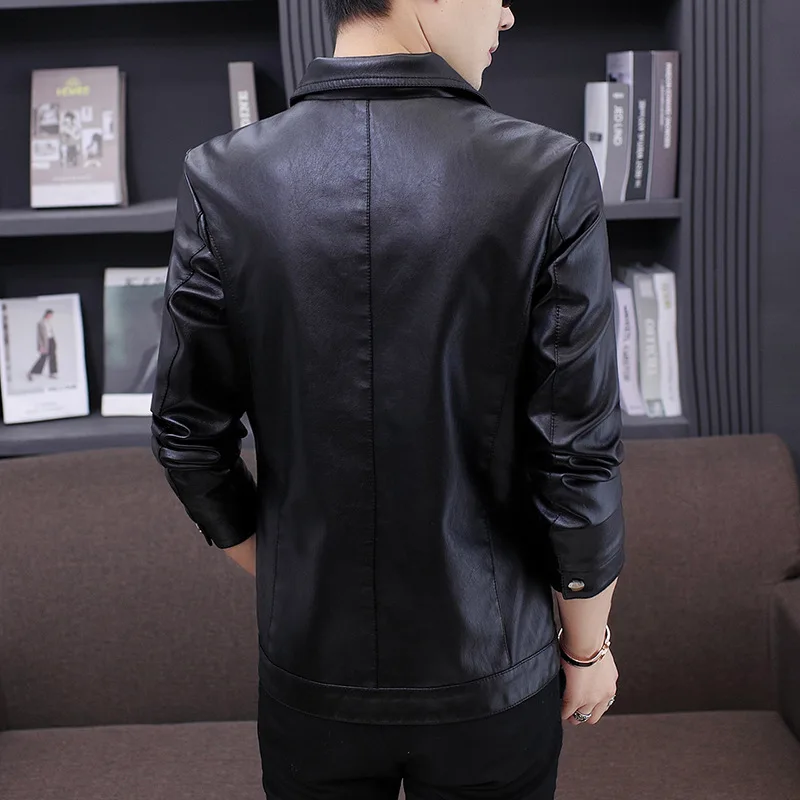 

Double breast pocket leather coat lapels 2020 autumn winters Leisure men Add youth PU leather motorcycle leather velvet trend