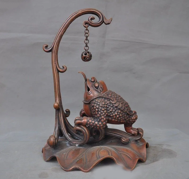 

Christmas Old Chinese bronze frog Golden Toad Lotus leaf statue Incense Burner censer New Year