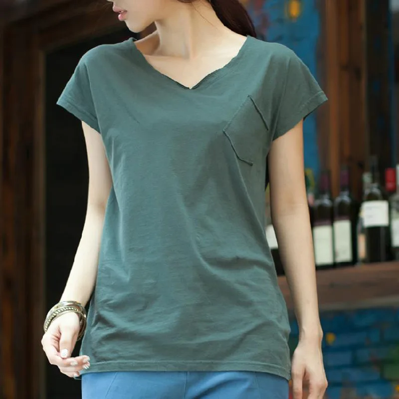 MYDC Летняя женская футболка из хлопка с коротким рукавом Повседневная v-образным