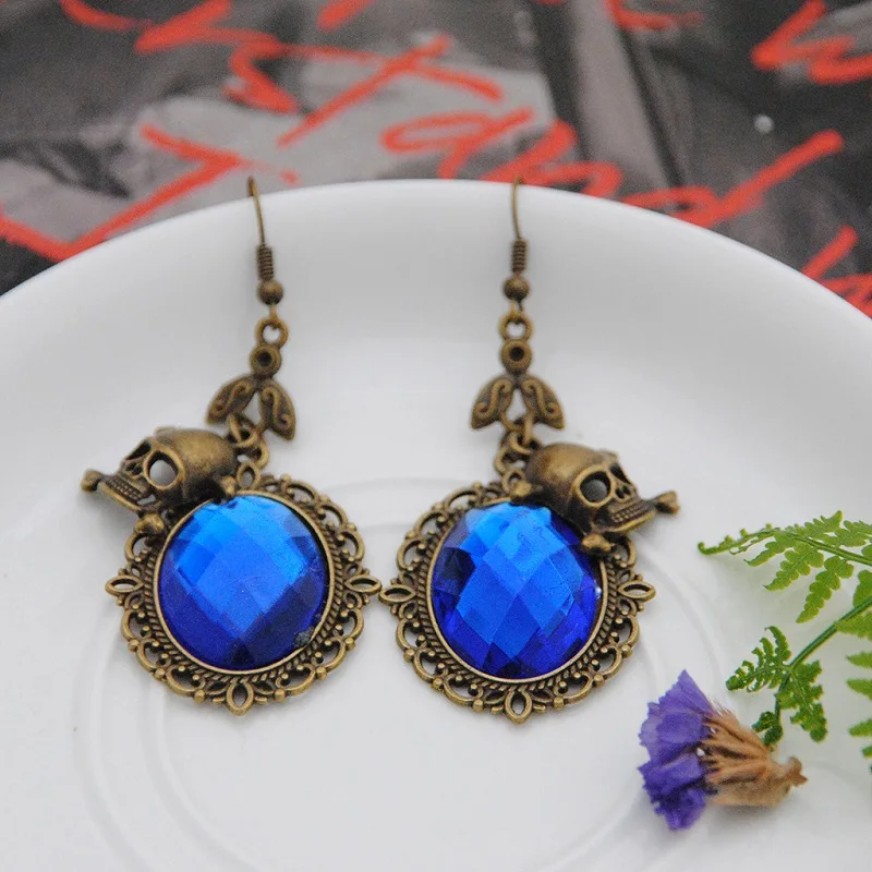 Blue Женские серьги, модные панк ретро бронзовые пиратские черепа, крестообразные кости, ядовитые Висячие Цветочные Стразы, висячие серьги на крючке, Женские винтажные серьги - Окраска металла: Blue