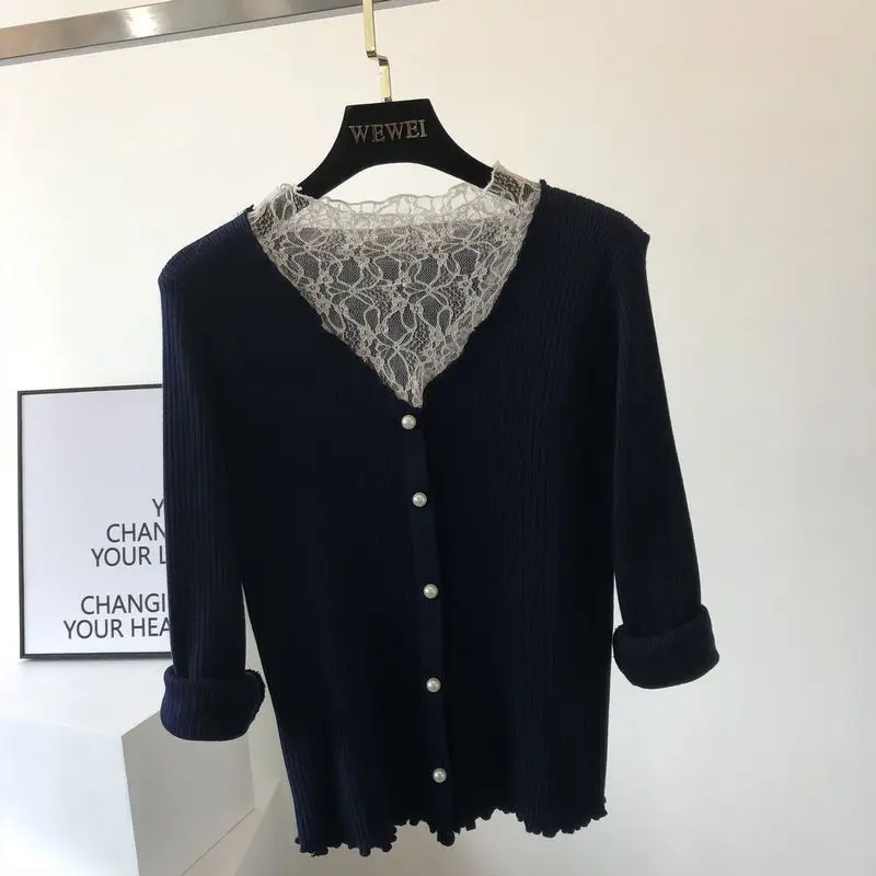 ALPHALMODA Sexy Lace Patchwork Sweater Single Breasted Slim Women Sweet Jumper V-neck Graceful Fall Winter Knitted Top | Женская одежда