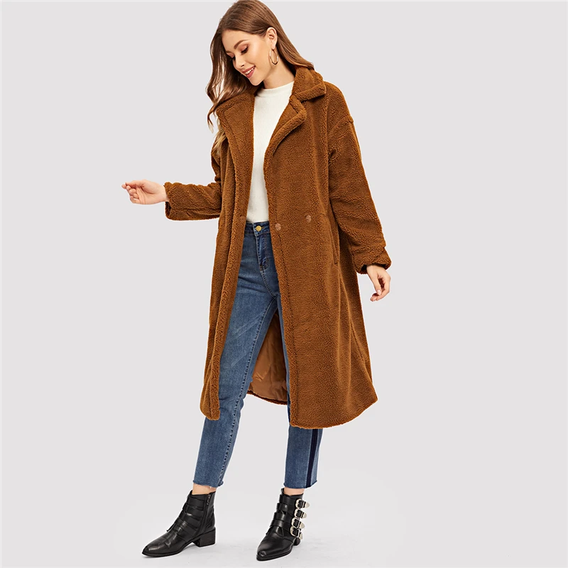 COLROVIE Brown Solid Pocket Open Front Casual Teddy Coat Women Autumn Fashion Warm Long Coat Office Ladies Elegant Outwear