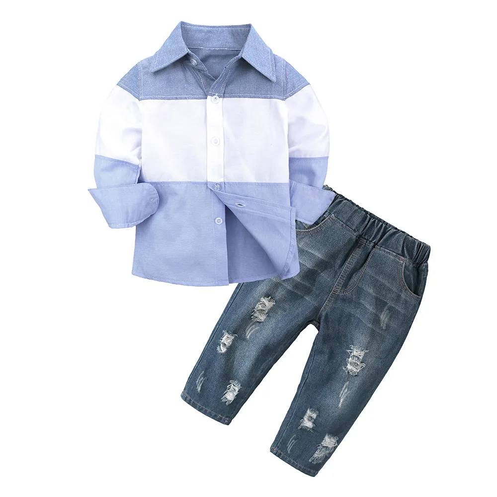 Toddler Infant Baby Boys Gentleman Striped Long Sleeve Rainbow T Shirt Tops Denim Hole Pants Set Outfits |